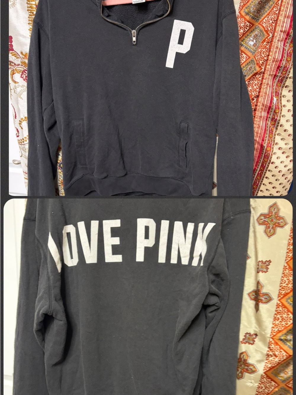 Love Pink Victoria Secret 1/4 zip sweatshirt black white side pockets M
